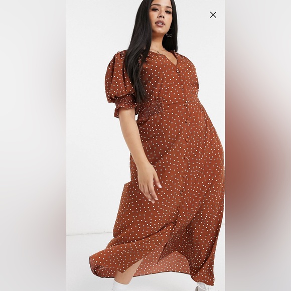 ASOS Design Curve Button Up Maxi Tea Dress with Shirred Waist in Polka Dot-US 18 - Picture 2 of 4